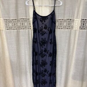 Steppin Out Vintage Lined  Floral Embroidered Lace Slip Dress Navy/Black SZ 7/8